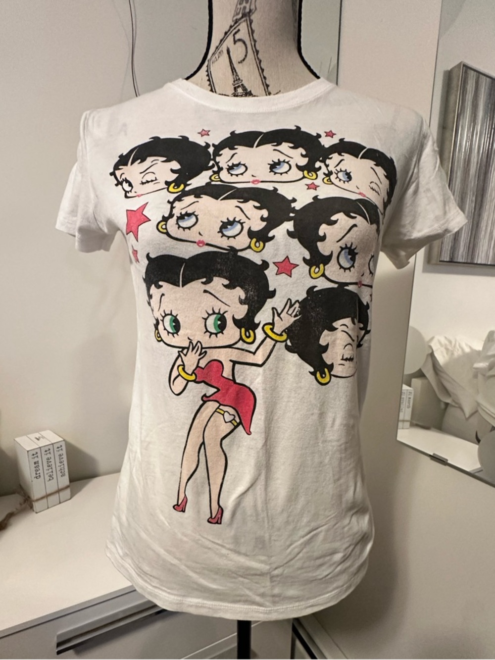 Betty Boop Multi-Face Graphic Tee - White with Pink Accents 100% Cotton